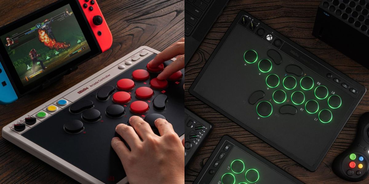 Image showing renders of 8Bitdo's all-button arcade controllers.